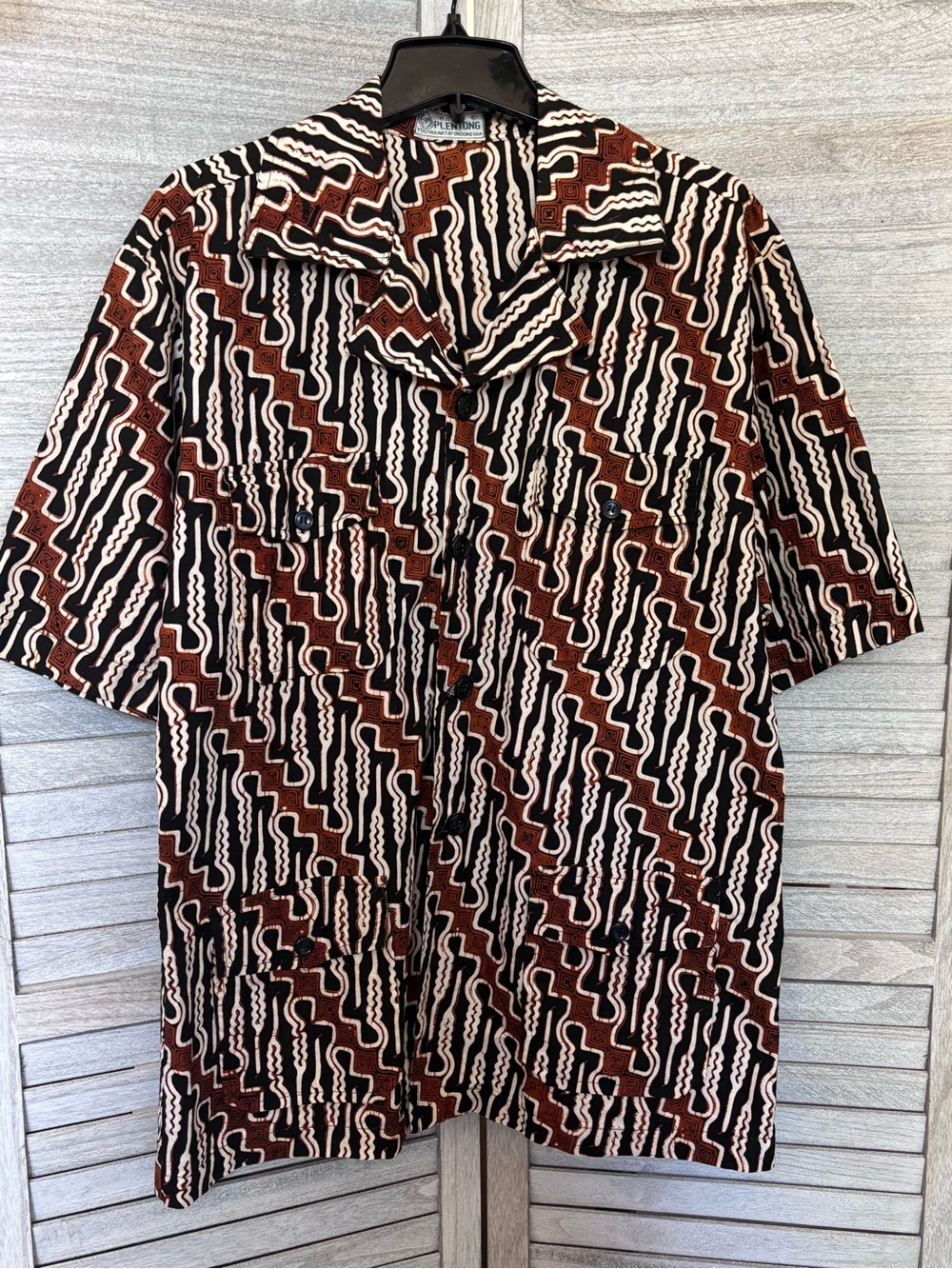 VINTAGE BATIK Plentong Yogyakarta Javanese Parang Sogan Cotton Shirt SZ LG Men’s
